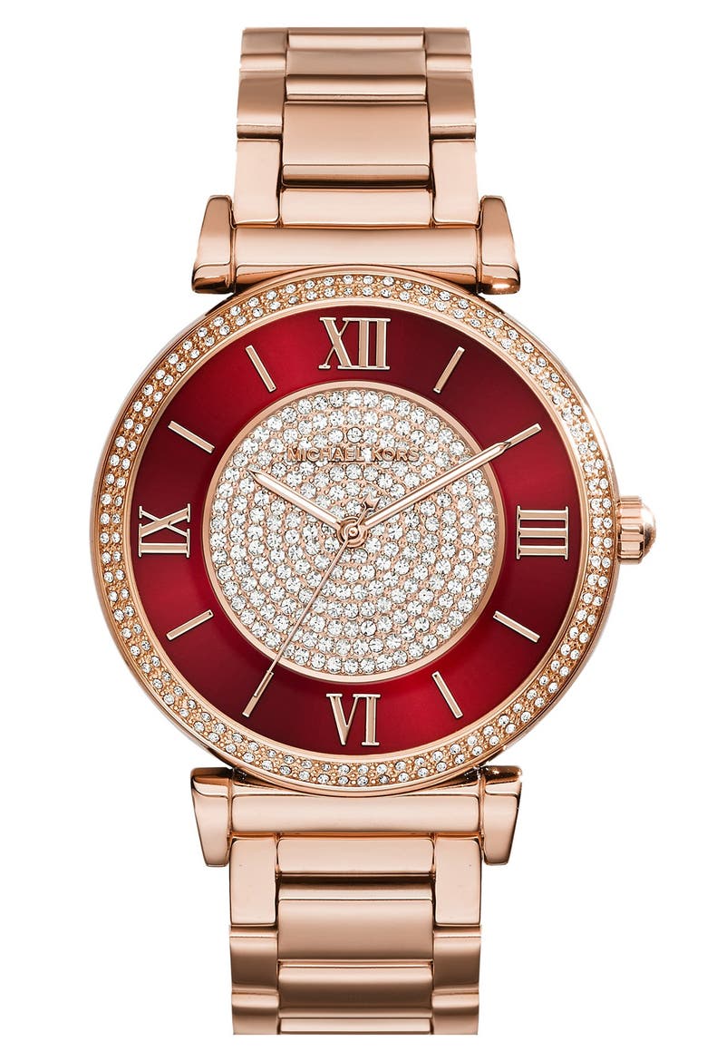 Michael Kors 'Caitlin' Crystal Dial Bracelet Watch, 38mm, Main, color, ROSE GOLD/ RED