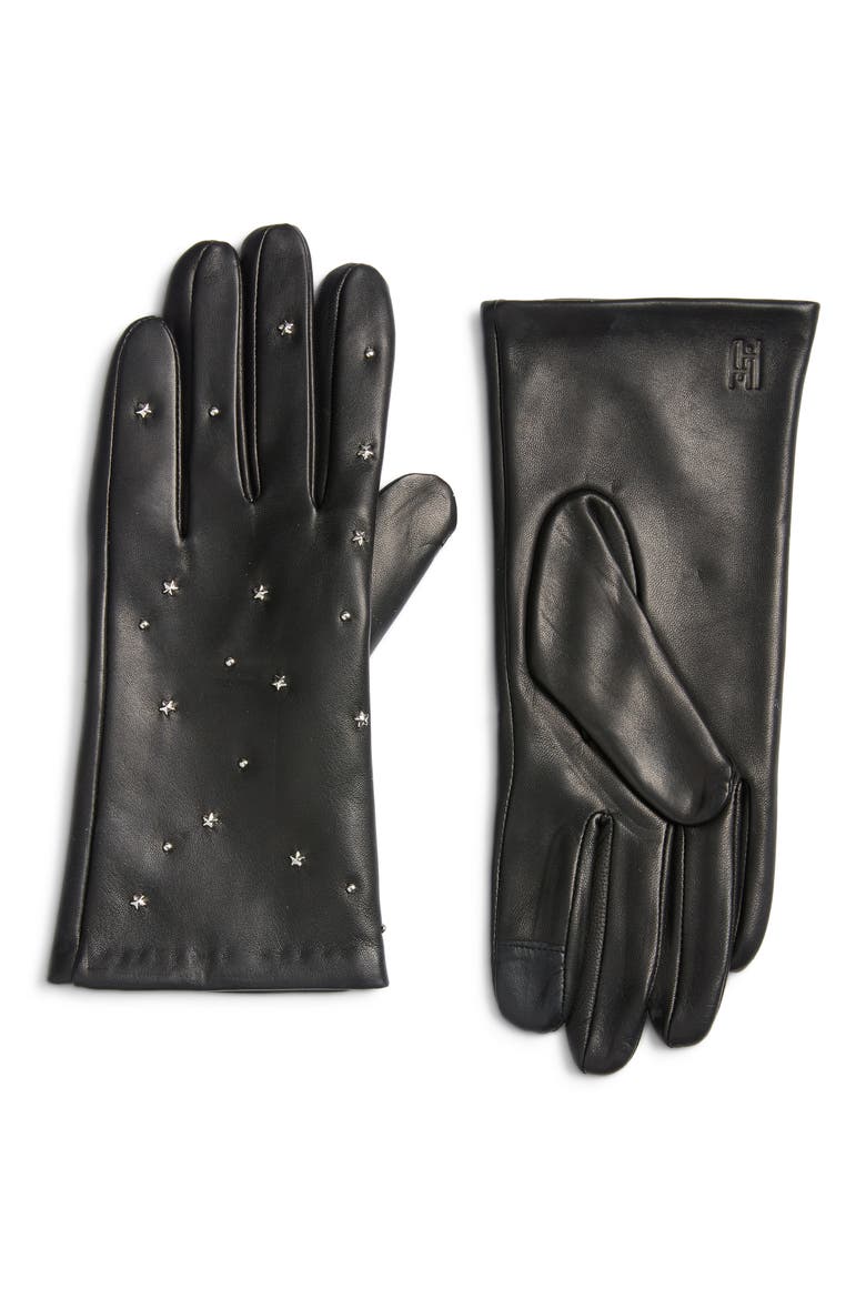 Celeste Star Studded Leather Tech Gloves, Main, color, BLACK