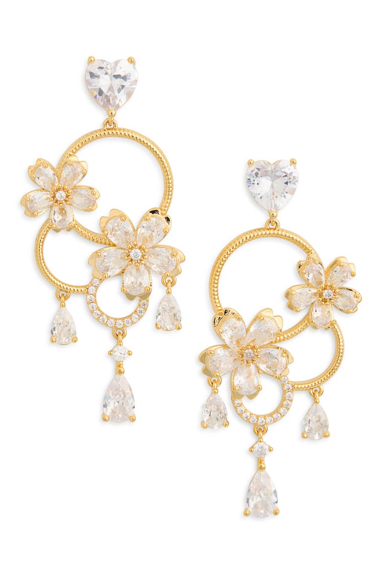 Faith Cubic Zirocnia Flower Hoop Drop Earrings, Main, color, GOLD