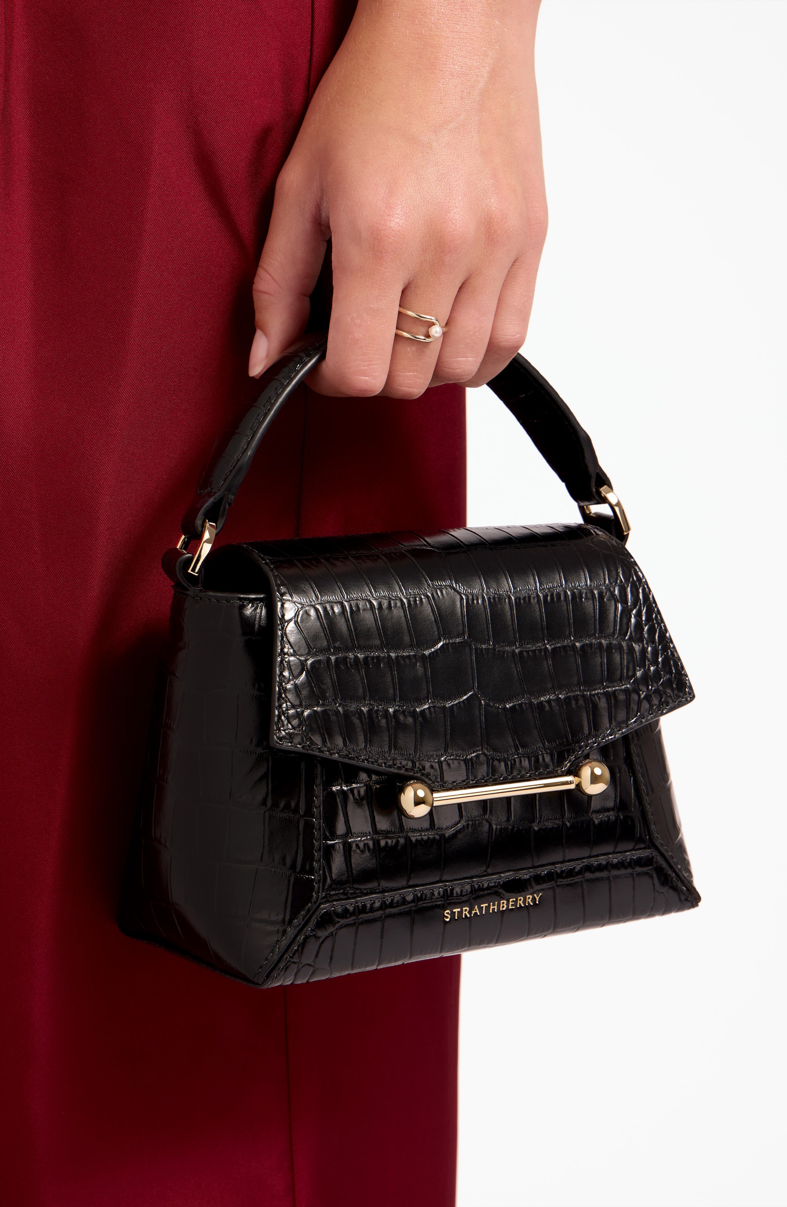 Strathberry Nano Mosaic Croc Embossed Leather Top Handle Bag, Alternate, color, Black