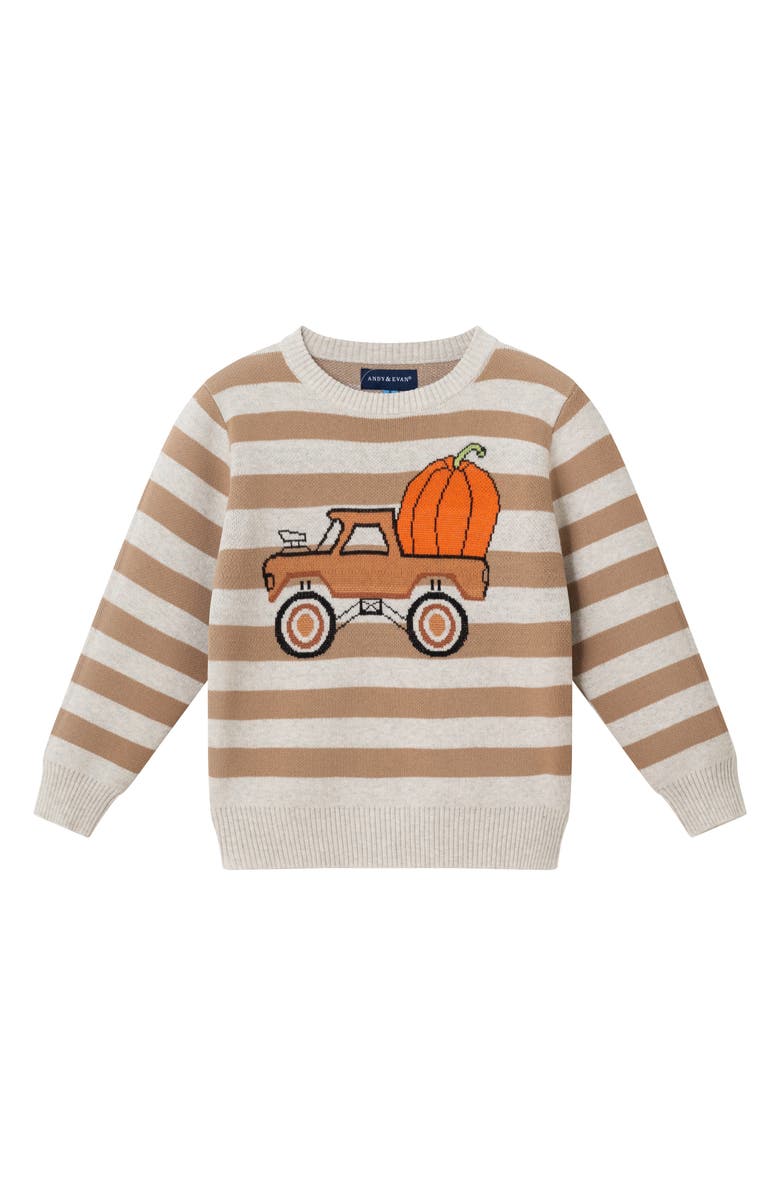 Andy & Evan Kids' Halloween Jacquard Cotton Crewneck Sweater, Main, color, Beige Truck