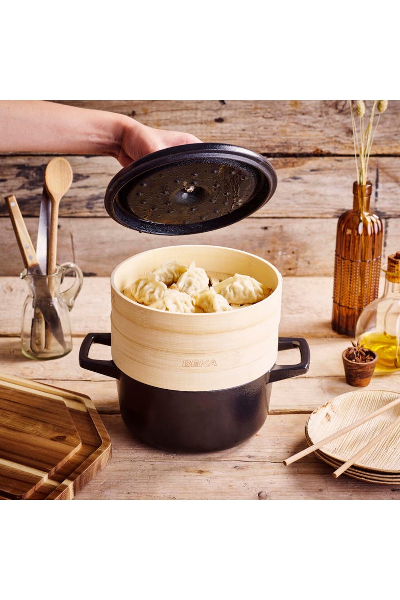 Nori Enameled Cast Iron Cocotte with Steamer Inserts, 2.5-Qt., Alternate, color, Black