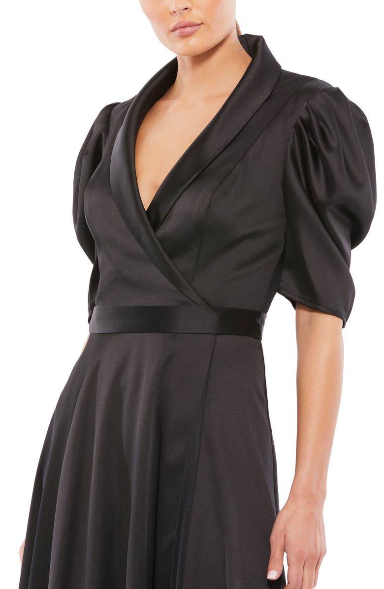 Mac Duggal Satin Lapel Puff Sleeve Tea Length Dress, Alternate, color, Black