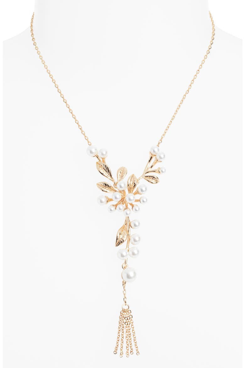 Faux Pearl Cluster Y-Necklace, Alternate, color, WHITE- GOLD