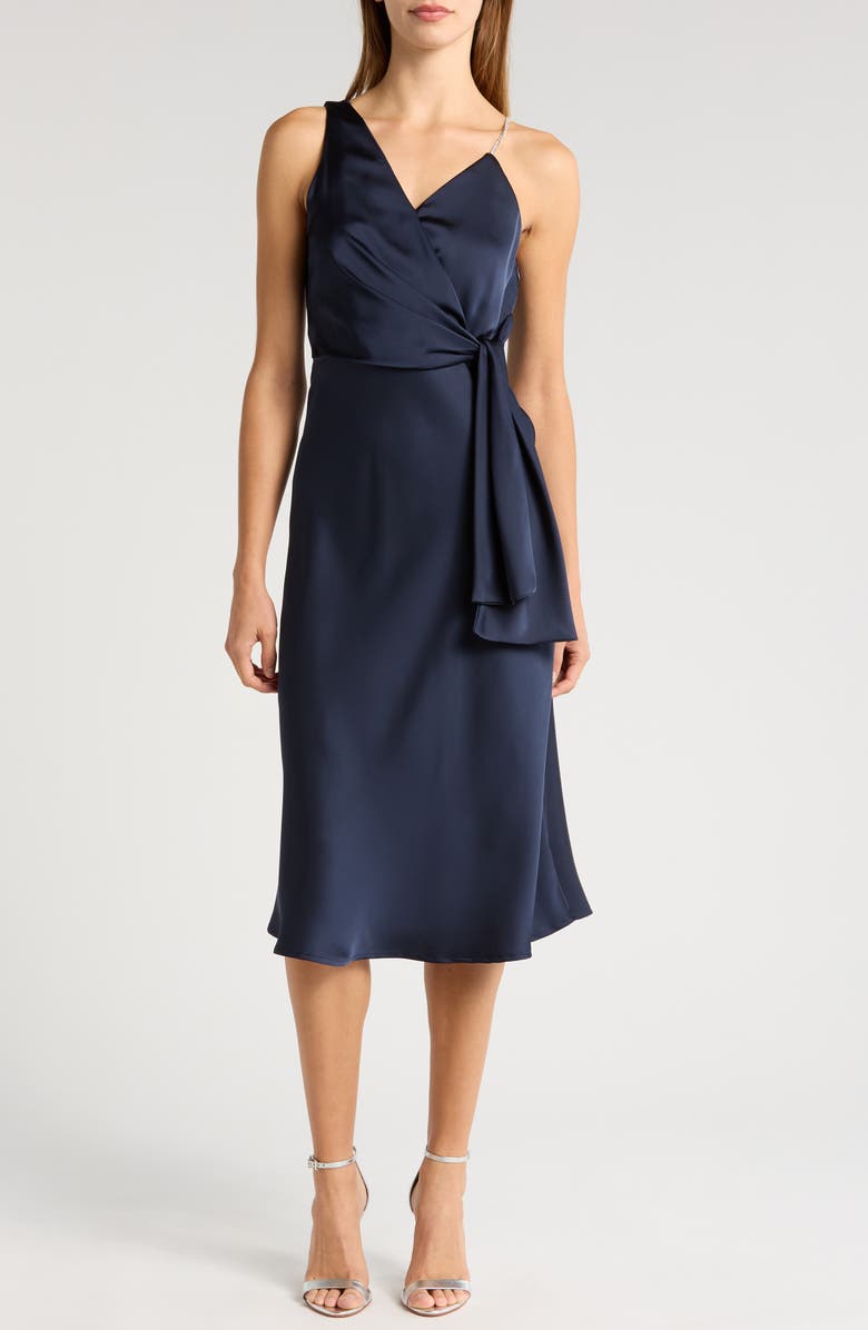 Sam Edelman Rhinestone Strap Satin Faux Wrap Cocktail Dress, Main, color, Navy