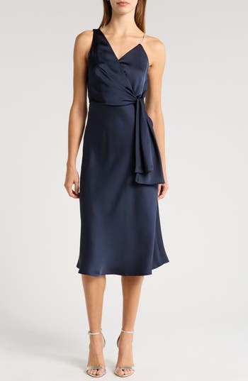 SAM EDELMAN SAM EDELMAN RHINESTONE STRAP SATIN FAUX WRAP COCKTAIL DRESS 