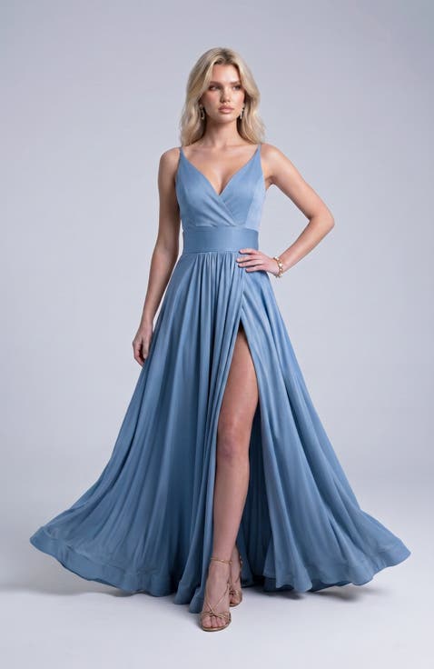 Cross Front Neck Empire Waist Satin Gown