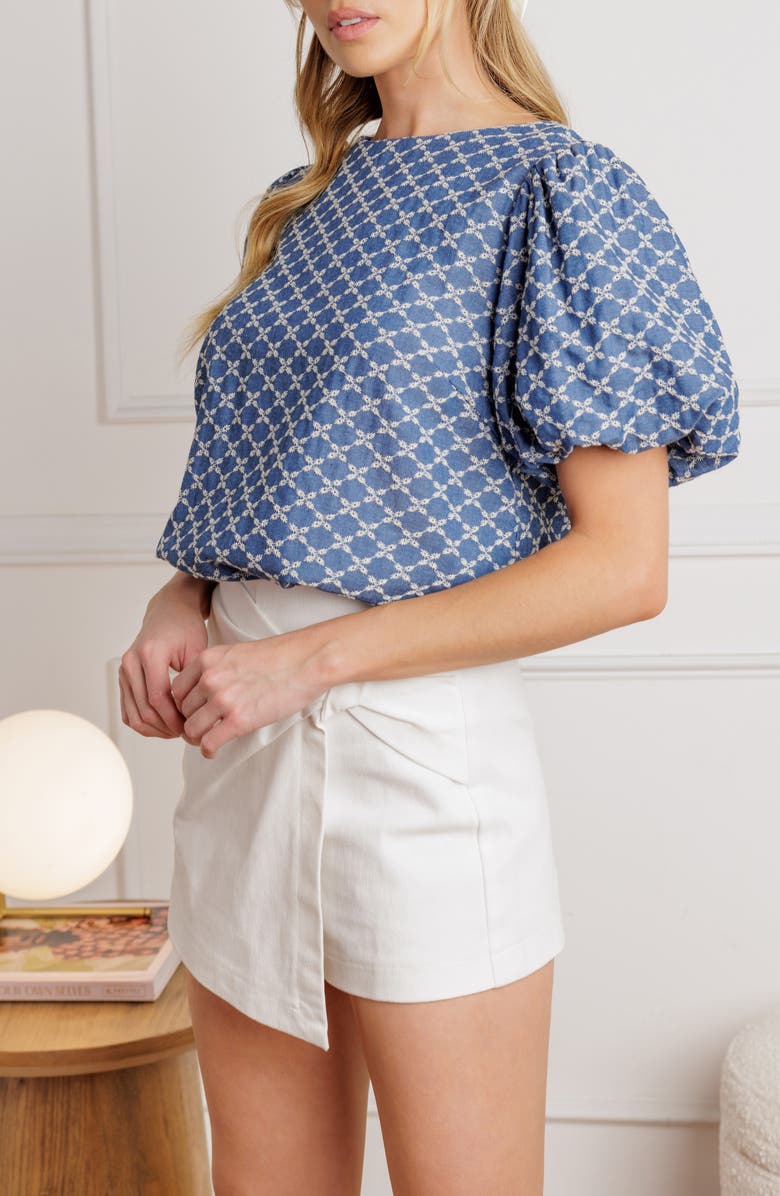 FLYING TOMATO Embroidered Puff Sleeve Top, Alternate, color, Medium Indigo