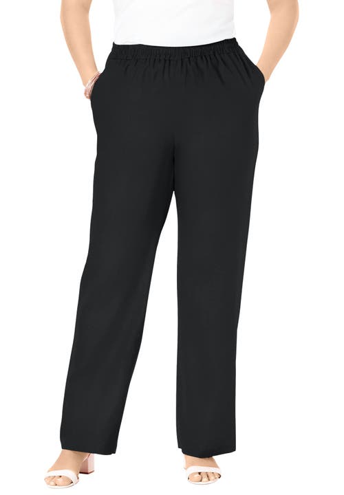 Jessica London Lightweight Linen-blend Straight-leg Pants In Black