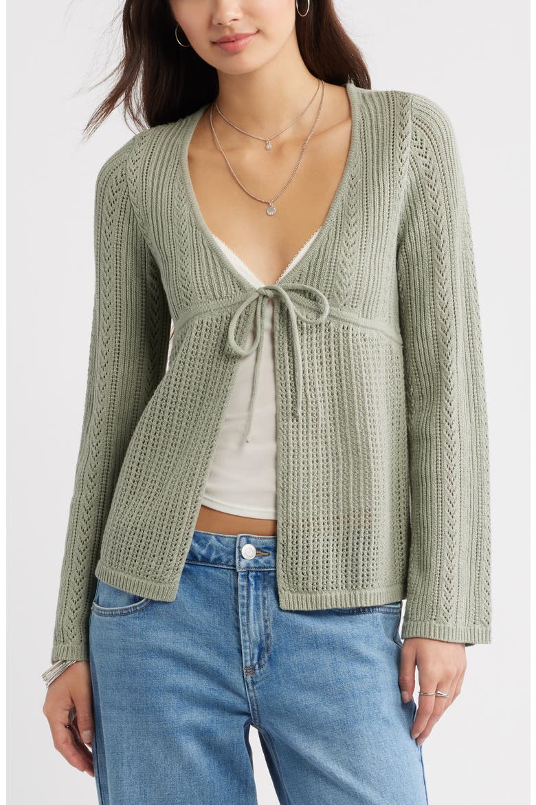 Openstitch Tie Front Cotton Blend Cardigan, Main, color, GREEN HALO