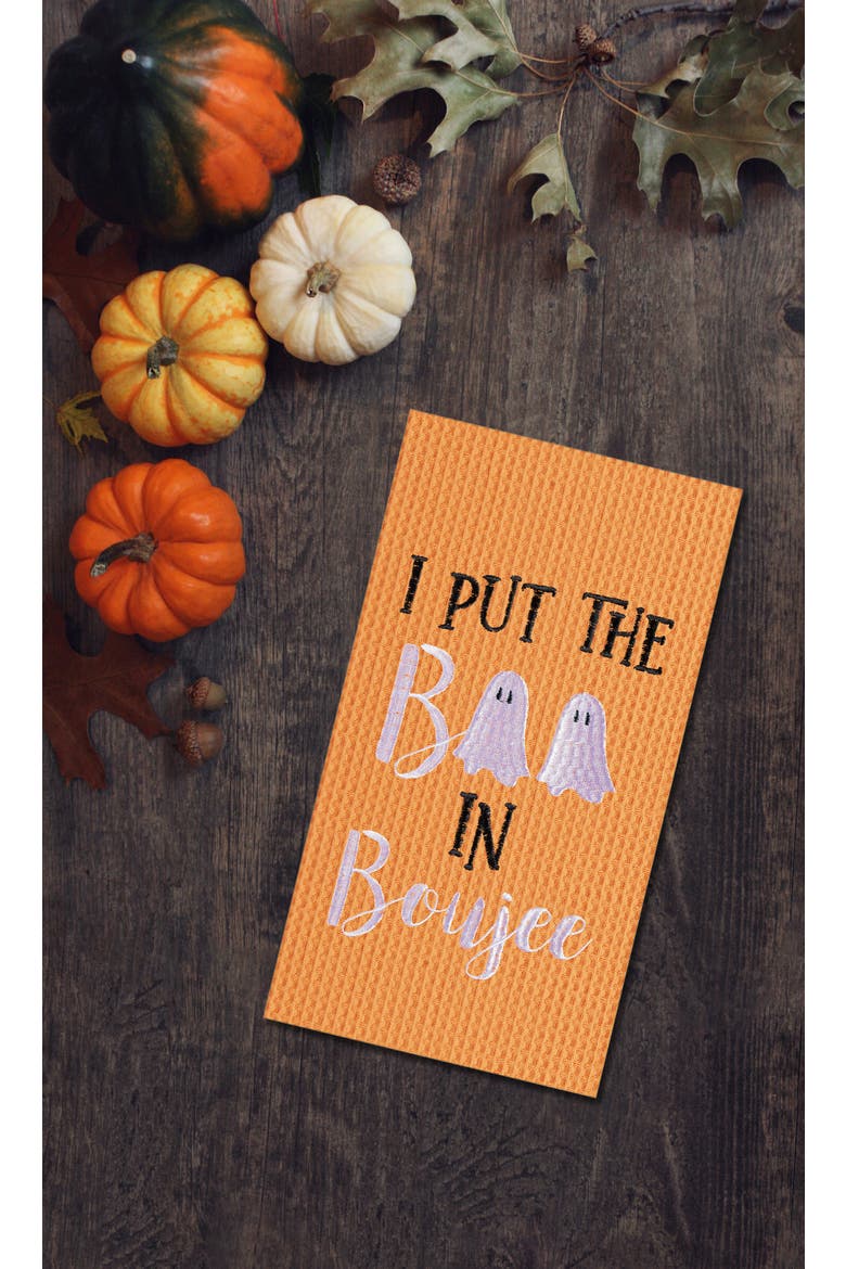 Boo In Boujee Ghost Embroidered Cotton Halloween Waffle Weave Kitchen Towel, Alternate, color, Orange