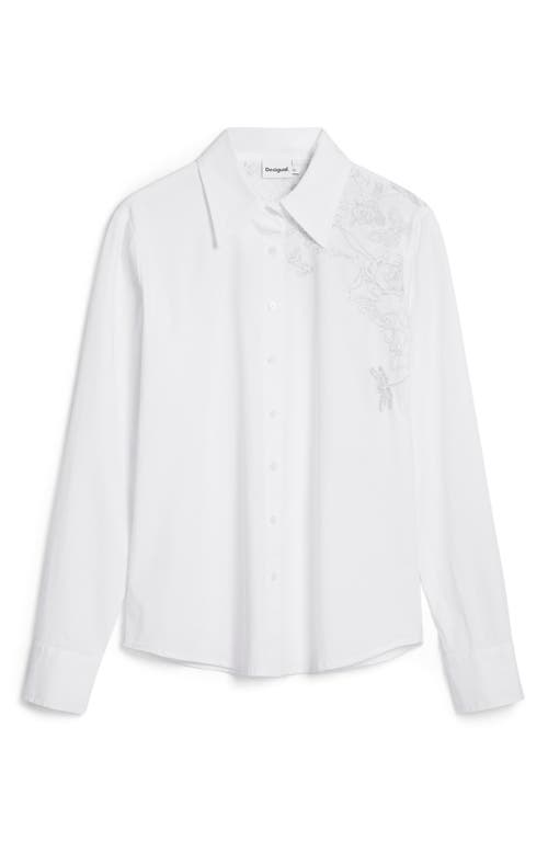 Desigual Embroidered Long Sleeve Stretch Cotton Button-up Shirt In White