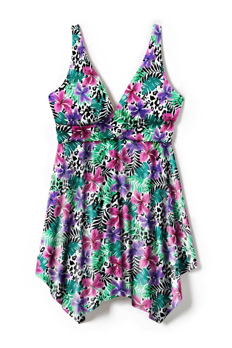 Handkerchief Hem Twist Front Tummy Control Two Piece Swim Dress, Alternate, color, LEOPARD TROPICAL FLORAL