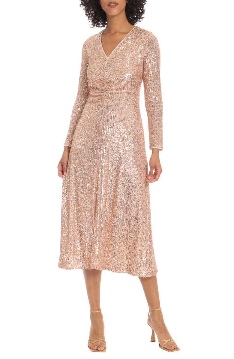 Maggy London Sequin V-Neck Long Sleeve Midi Dress, Main, color,