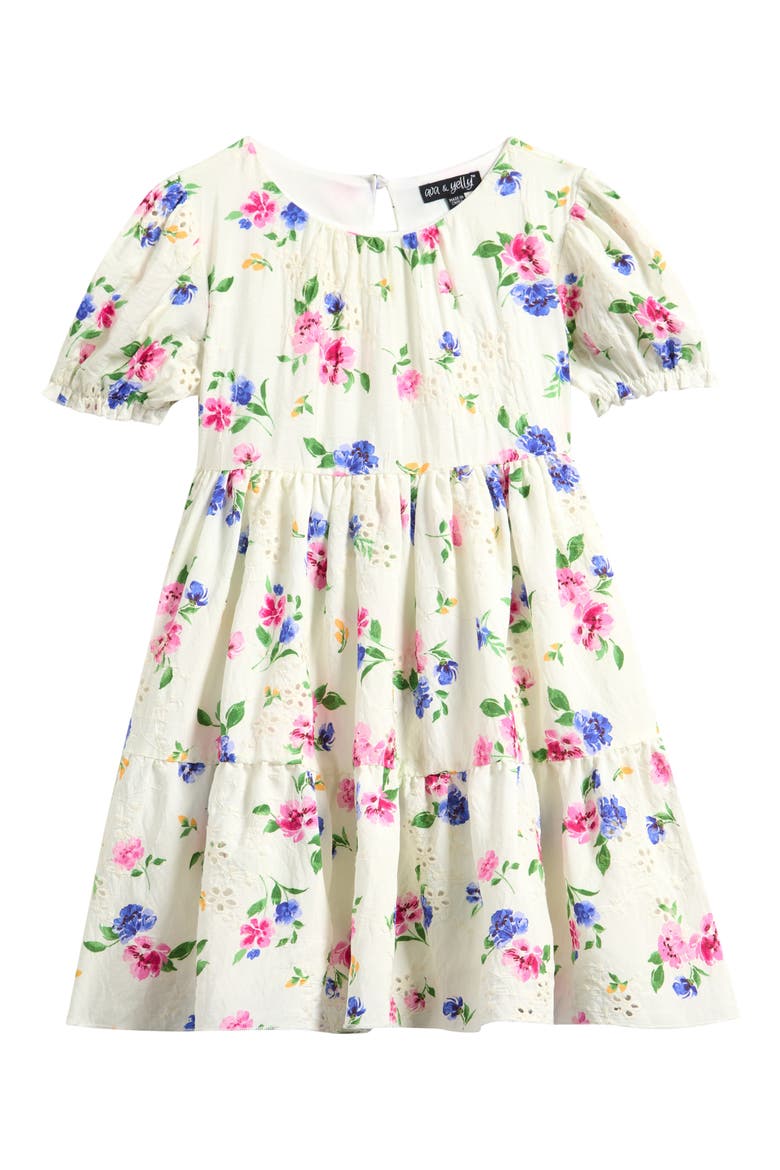 Kids' Puff Sleeve Burnout Chiffon Tiered Party Dress, Main, color, IVORY