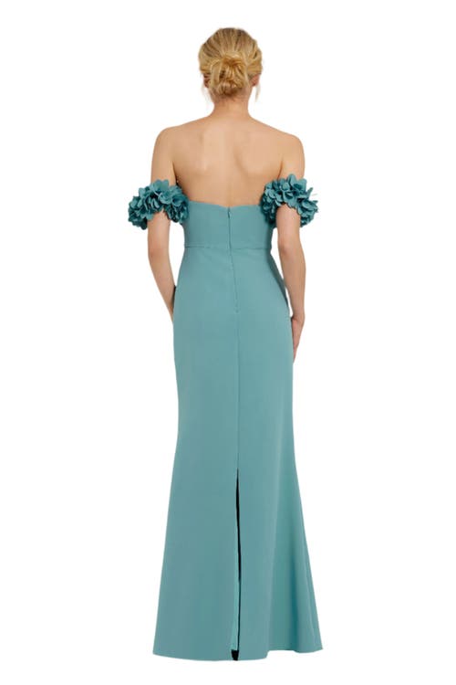 Mac Duggal Off-the-shoulder Crepe Gown With 3d Floral Appliqué