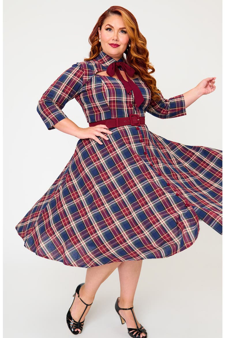 Plus Size Sweetheart Neck Swing Dress, Alternate, color, Blue & Burgundy Plaid