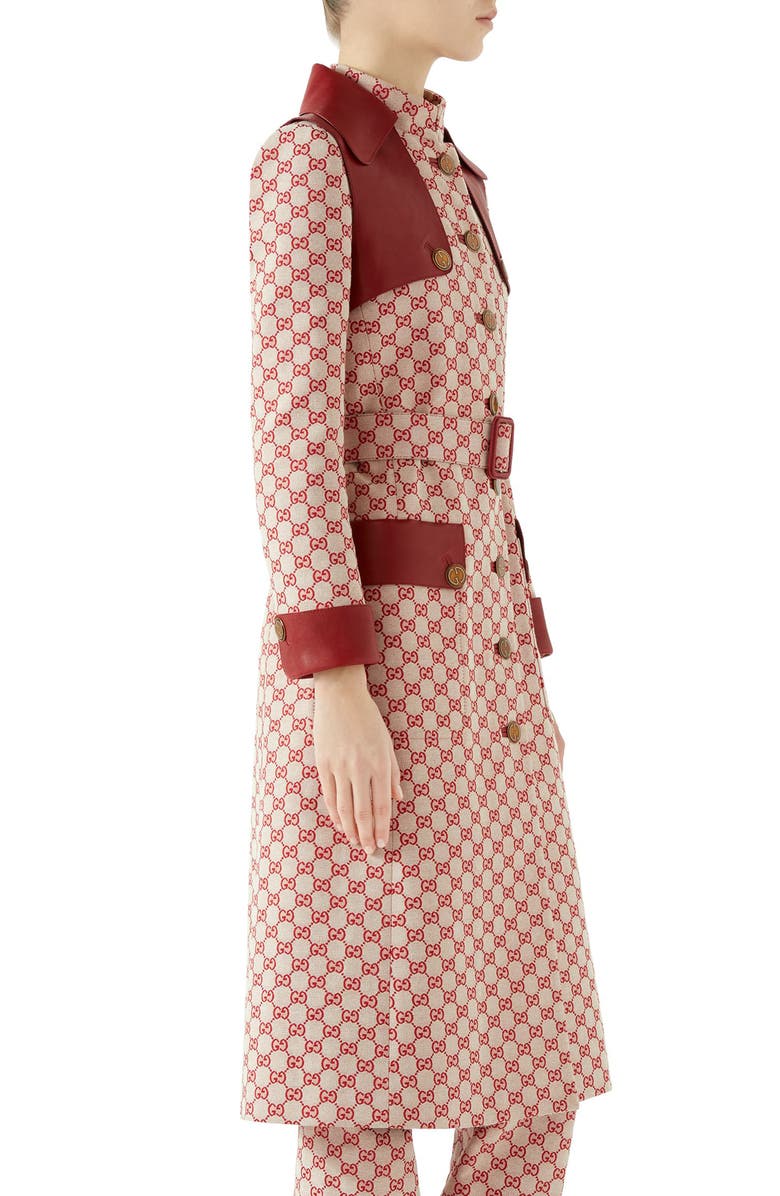 Gucci Leather Trim GG Canvas Trench Coat, Alternate, color,