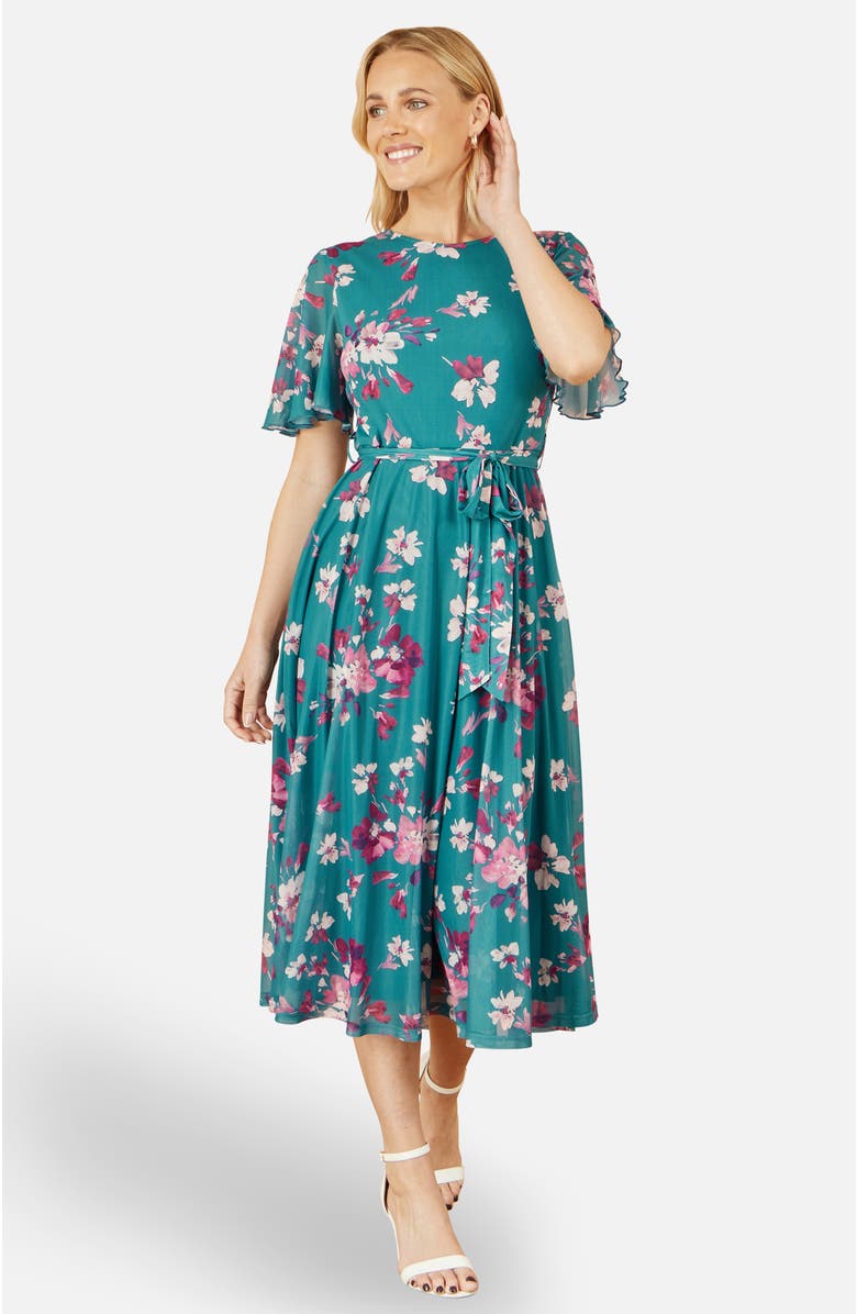 Yumi Mesh Skater Floral Midi Dress, Main, color, Teal
