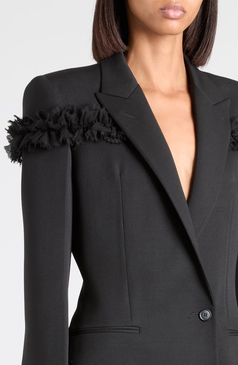McQueen Slashed Ruffle Wool Blazer, Alternate, color, Black