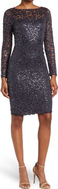 Marina Illusion Yoke Sequin Lace Sheath Dress