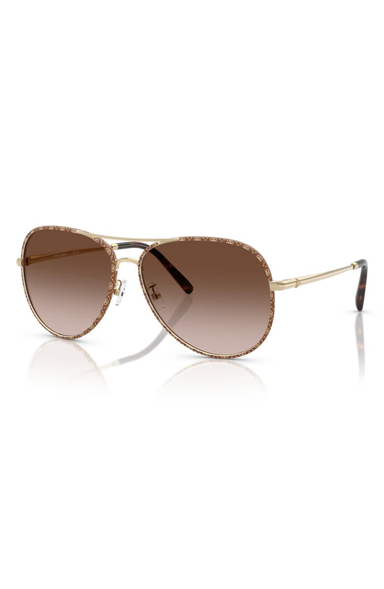 Tory Burch 60mm Pilot Sunglasses, Alternate, color, Light Gold/ Brown Monogram Wrap / Brown Gradient
