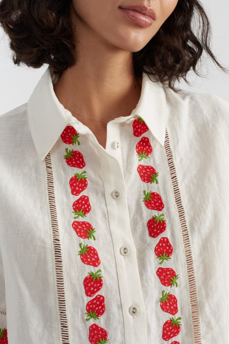 Linen-Blend Strawberry Shirt, Alternate, color, Cream