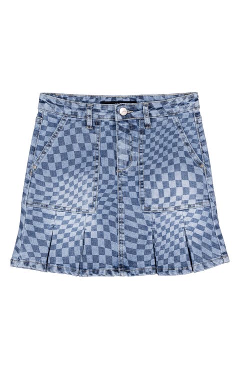 Kids' Checkerboard Print Pleated Denim Skirt (Big Kid)