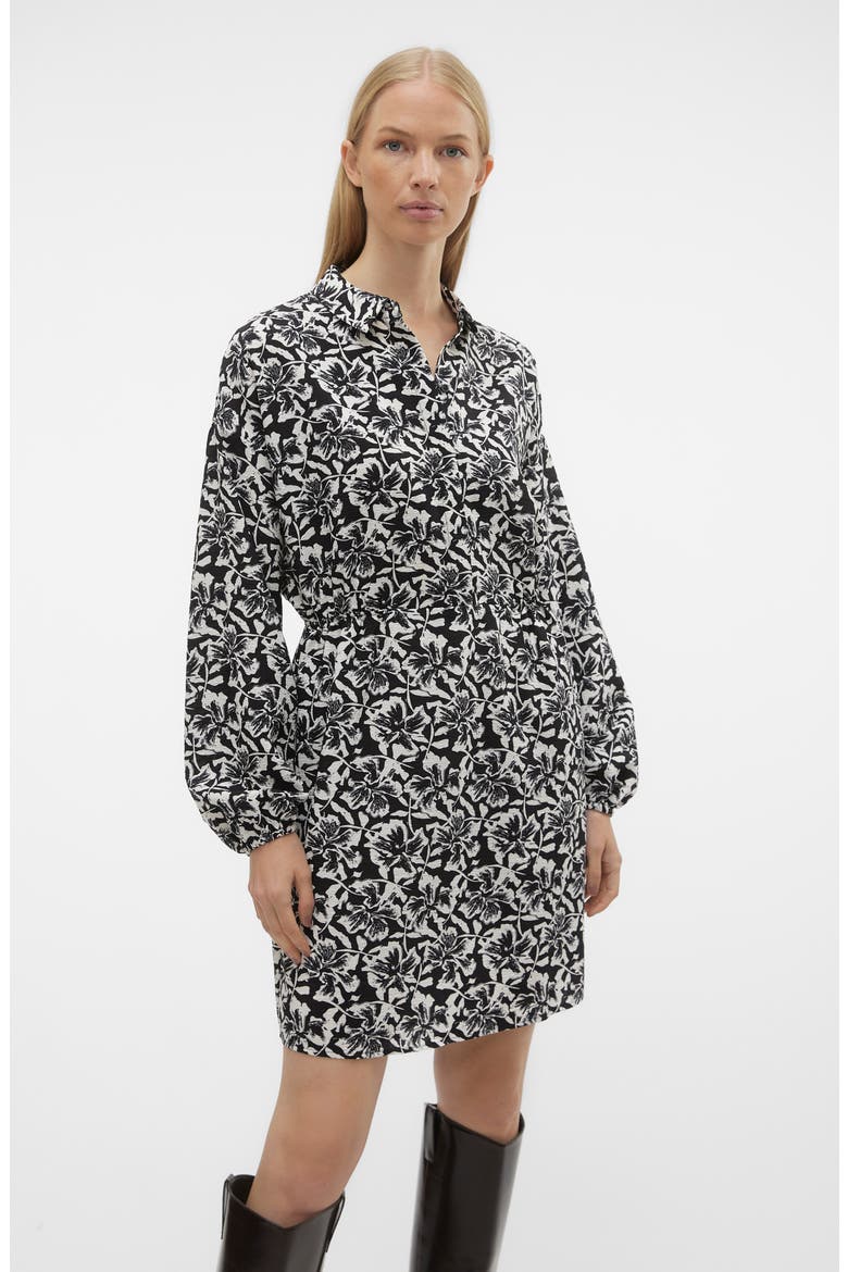 Sophia Floral Print Long Sleeve Shirtdress, Alternate, color, BLACK AOP WHITE FLOR