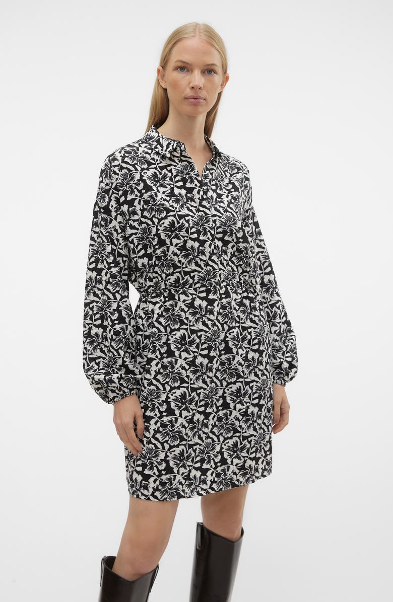 VERO MODA Sophia Floral Print Long Sleeve Shirtdress, Alternate, color, Black Aop White Flor