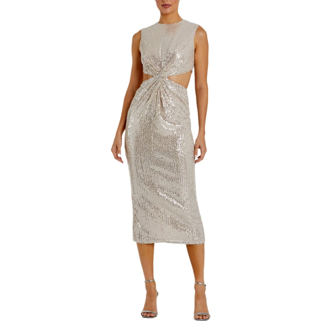 Mac Duggal Sequin Front Twist Cut Out Column Dress In Nude