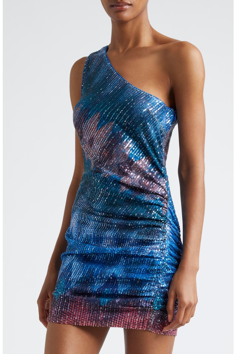 Kathreen Sequin Chevron One-Shoulder Minidress, Alternate, color, BLUE CHEVRON