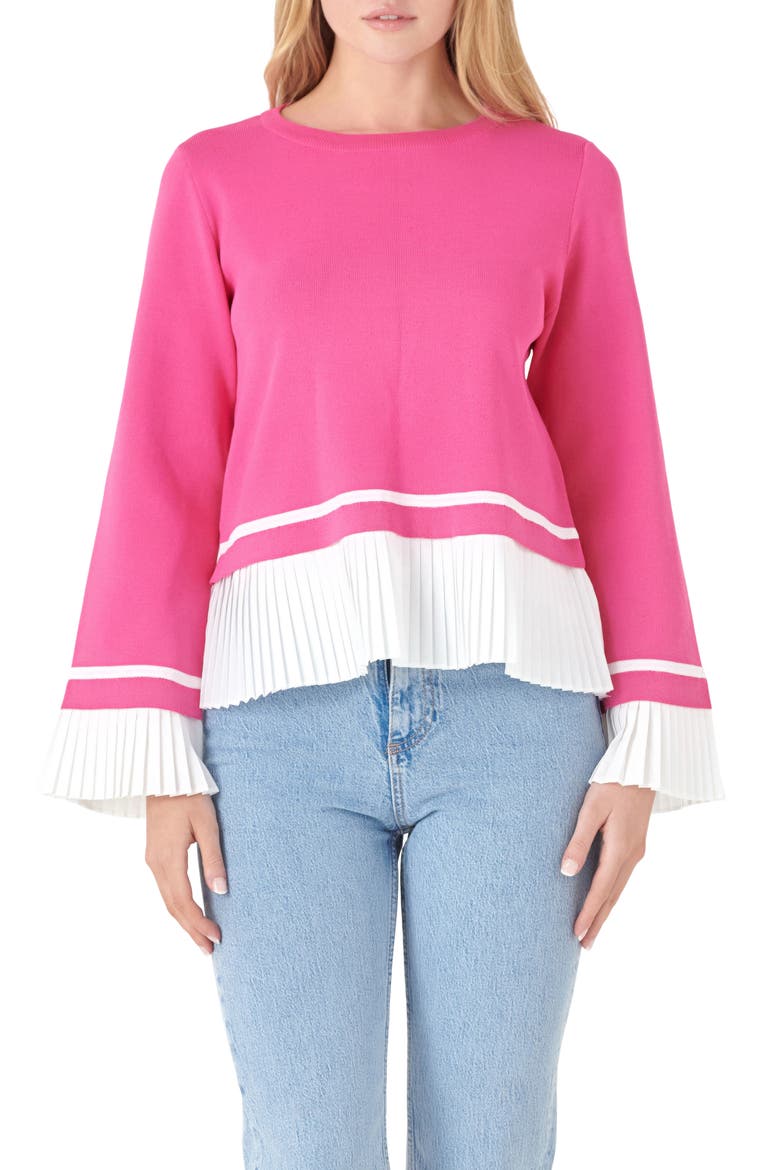 Mixed Media Pleat Sweater, Main, color, PINK/ WHITE
