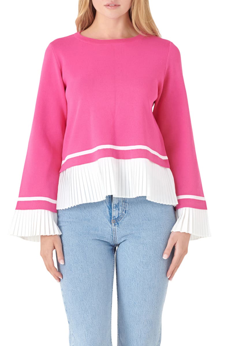 English Factory Mixed Media Pleat Sweater, Main, color, Pink/ White