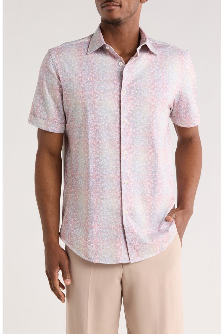 Print Short Sleeve Button-Up Shirt, Main, color, CORAL