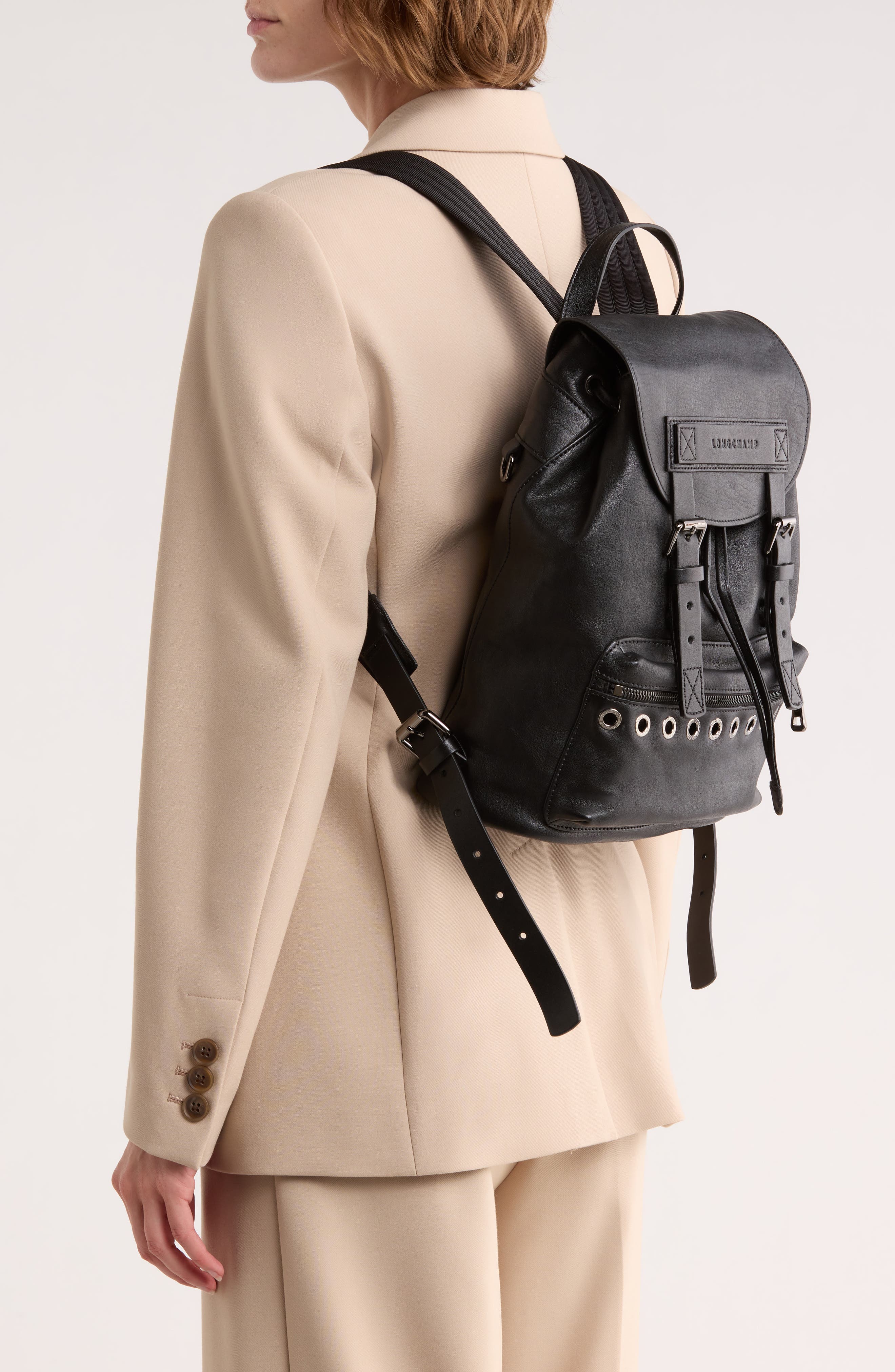 Longchamp Small 3D Rock Leather Backpack, Alternate, color, Black