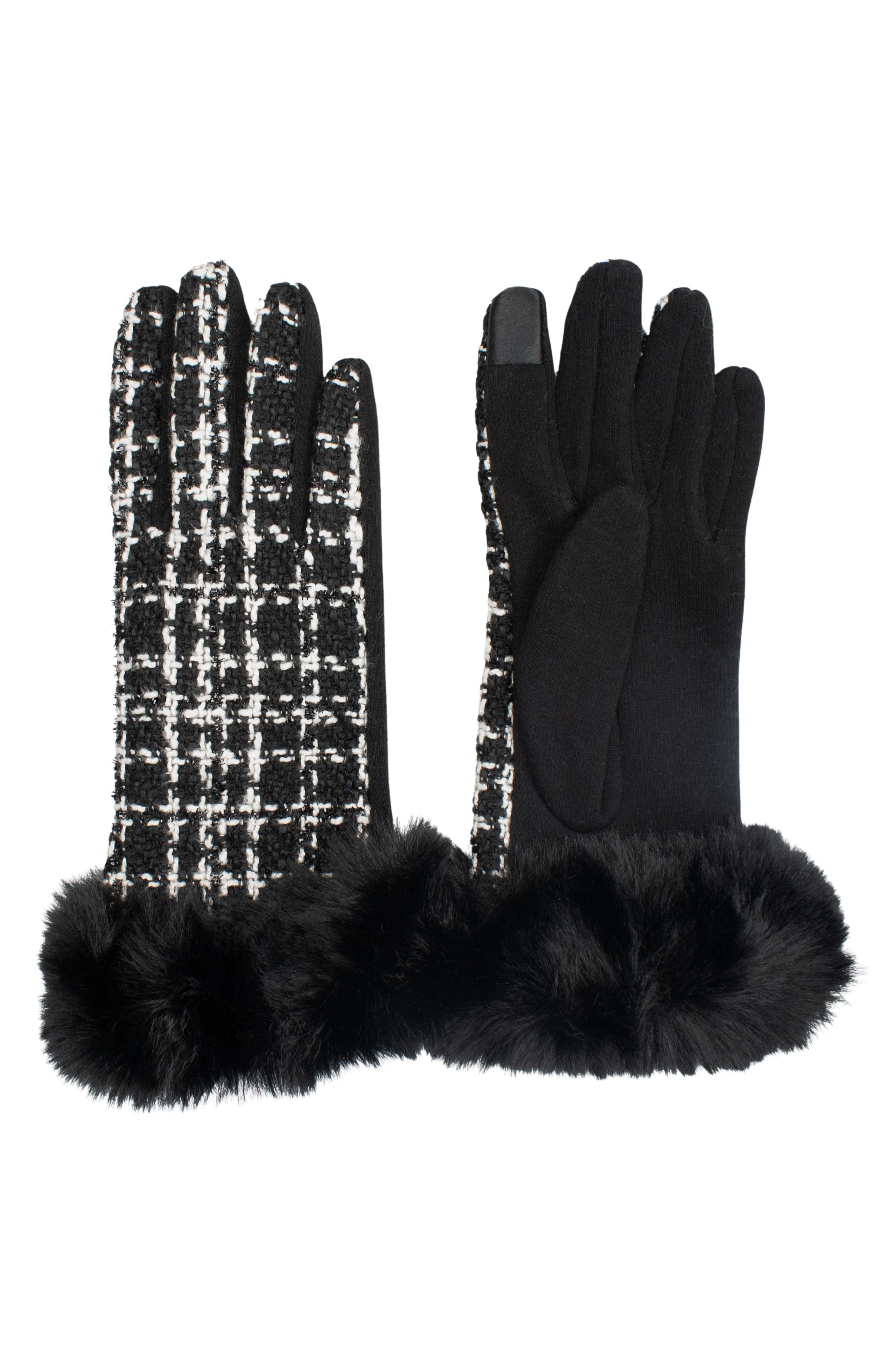 MARCUS ADLER Faux Fur Trim Tweed Touchscreen Gloves