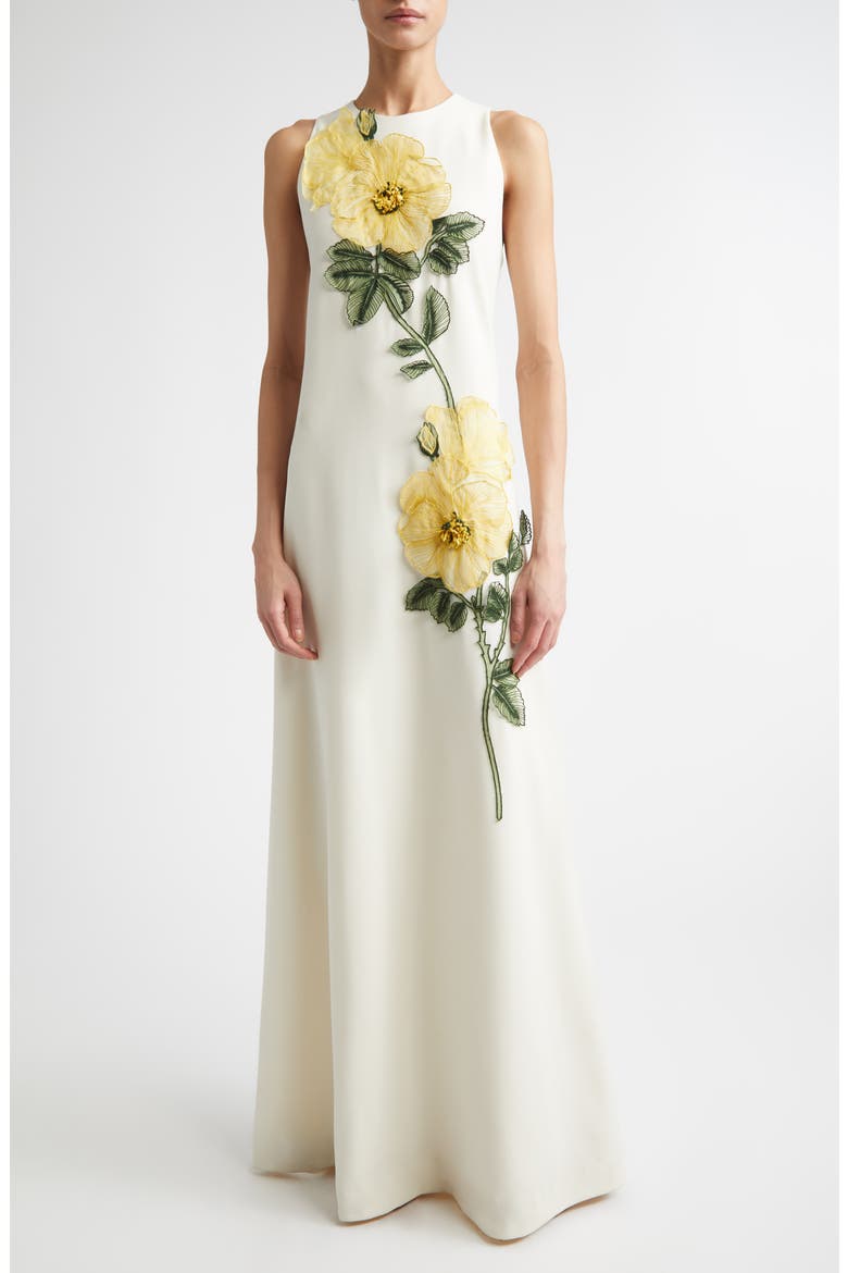 Peony Embroidered Appliqué Column Gown, Main, color, CREAM/YELLOW