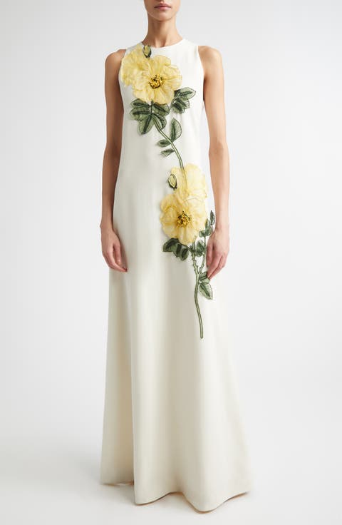 Peony Embroidered Appliqué Column Gown