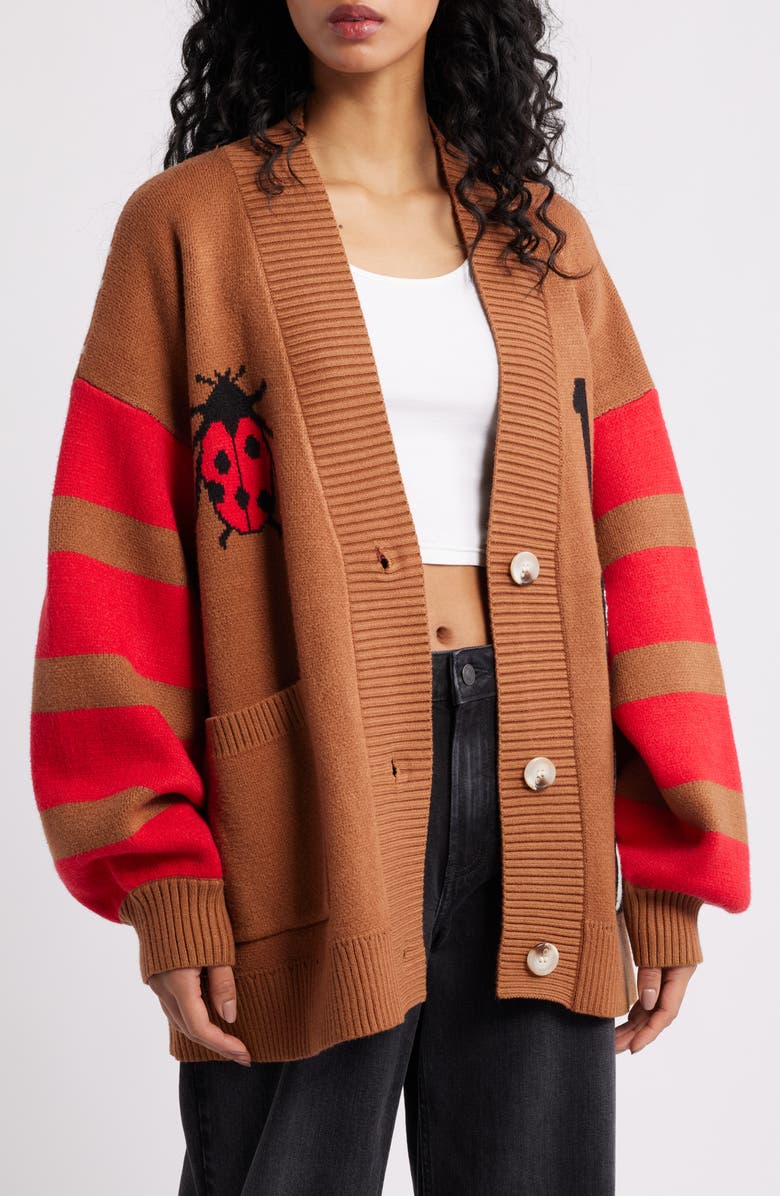 Dressed in Lala Ladybug Letterman Cardigan, Main, color, Brown/Red