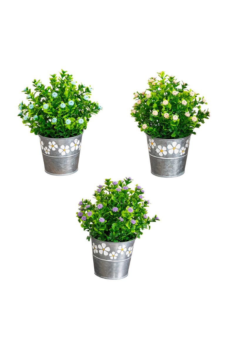 8-in Artificial Flowering Plant in Decorative Daisy Tin Planter - Set of 3, Main, color, Assortment 1