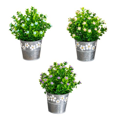 8-in Artificial Flowering Plant in Decorative Daisy Tin Planter - Set of 3
