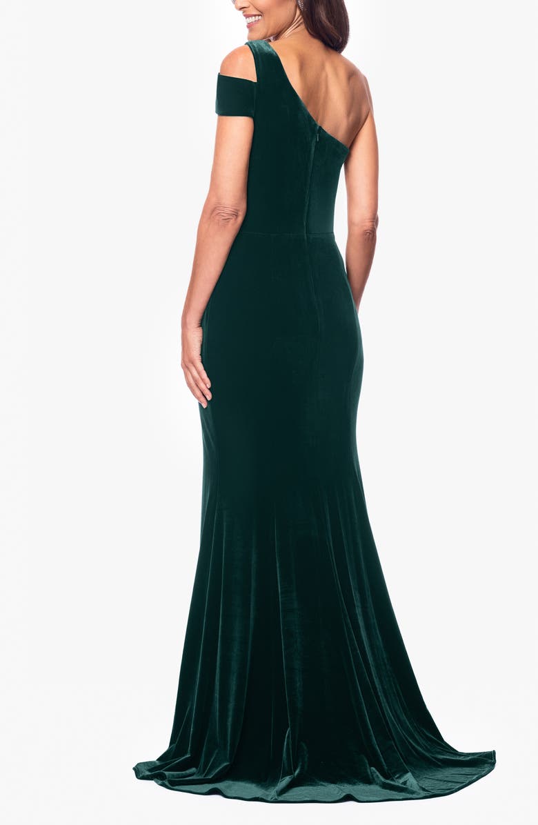 Betsy & Adam One-Shoulder Velvet Mermaid Gown, Alternate, color, Hunter