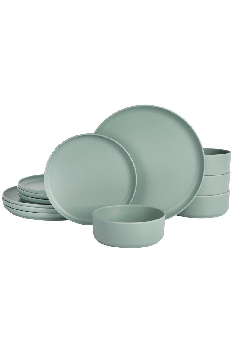 Gibson Canyon Crest 12 Piece Stackable Melamine Dinnerware Set, Main, color, Green