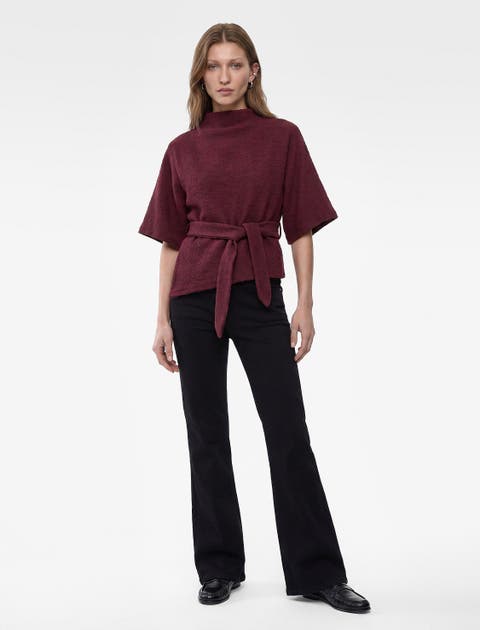 Regular Fit Short Sleeve Funnel Neck Top With Belt