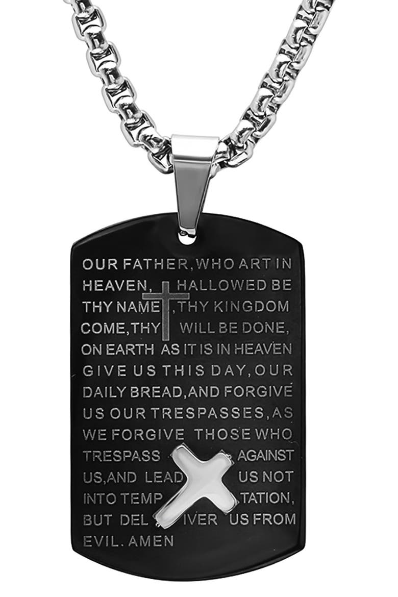 Men's Black IP Stainless Steel Lord's Prayer Dog Tag Pendant Necklace, Alternate, color, BLACK