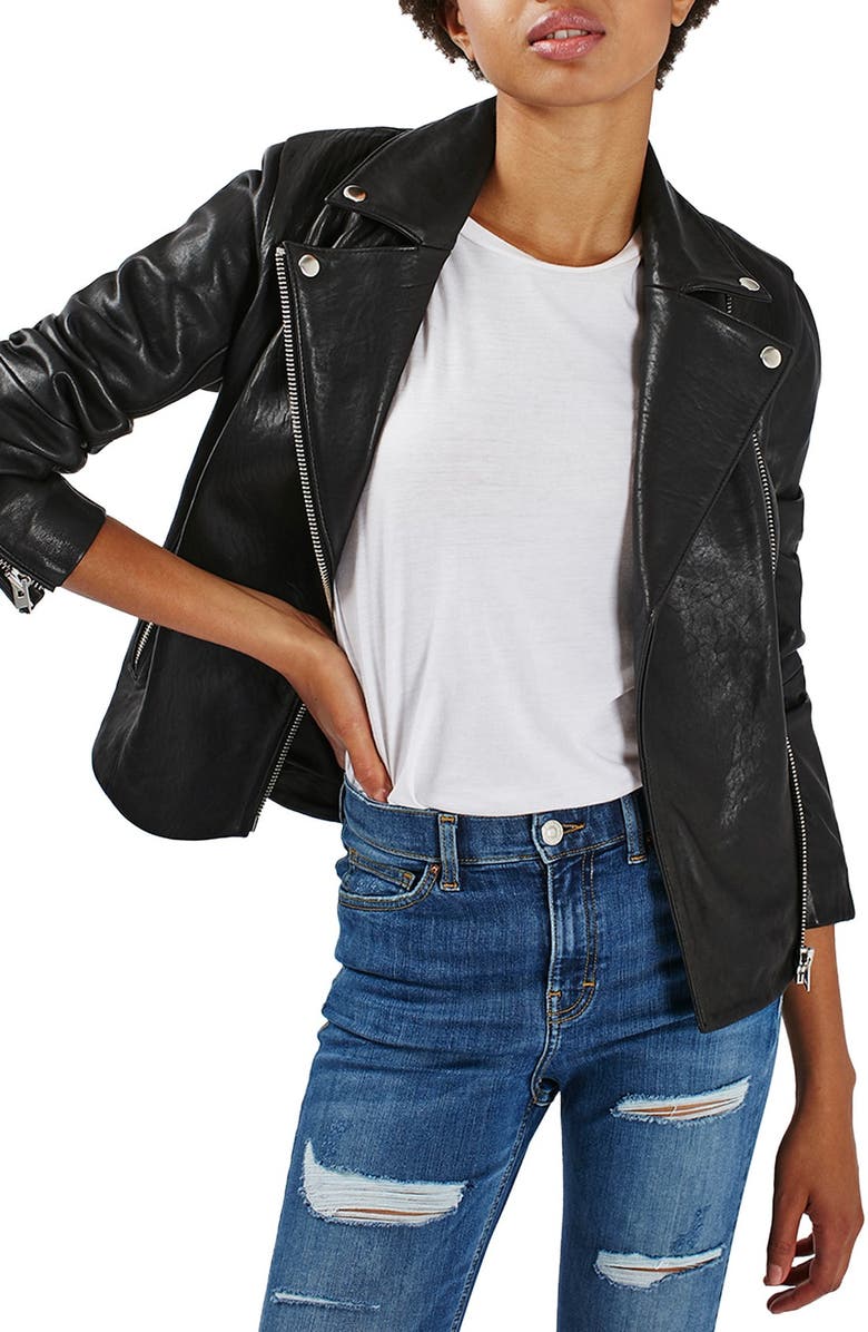 Topshop Leather Biker Jacket, Main, color, 