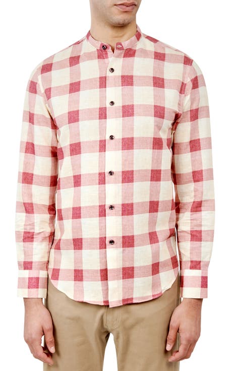 Slim Fit Check Print Linen Cotton Banded Collar Long Sleeve Shirt
