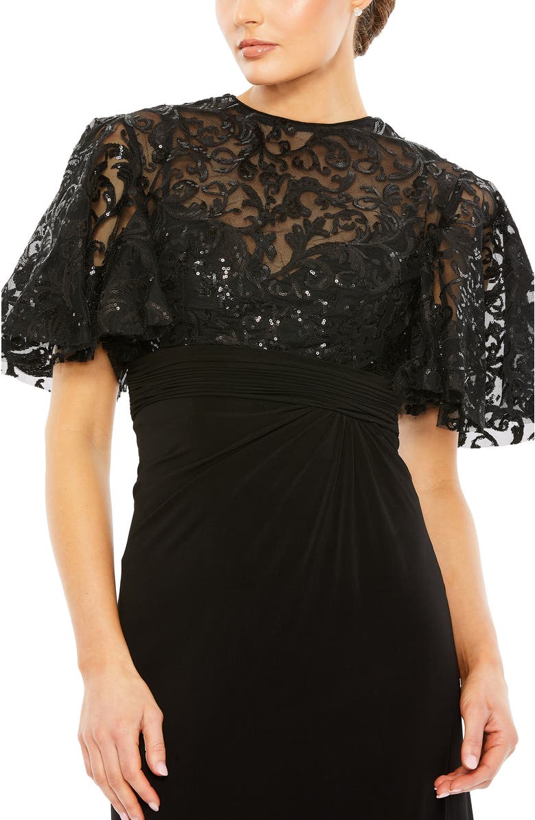 Mac Duggal Embellished Butterfly Cape Sleeve Jersey Gown, Alternate, color, Black
