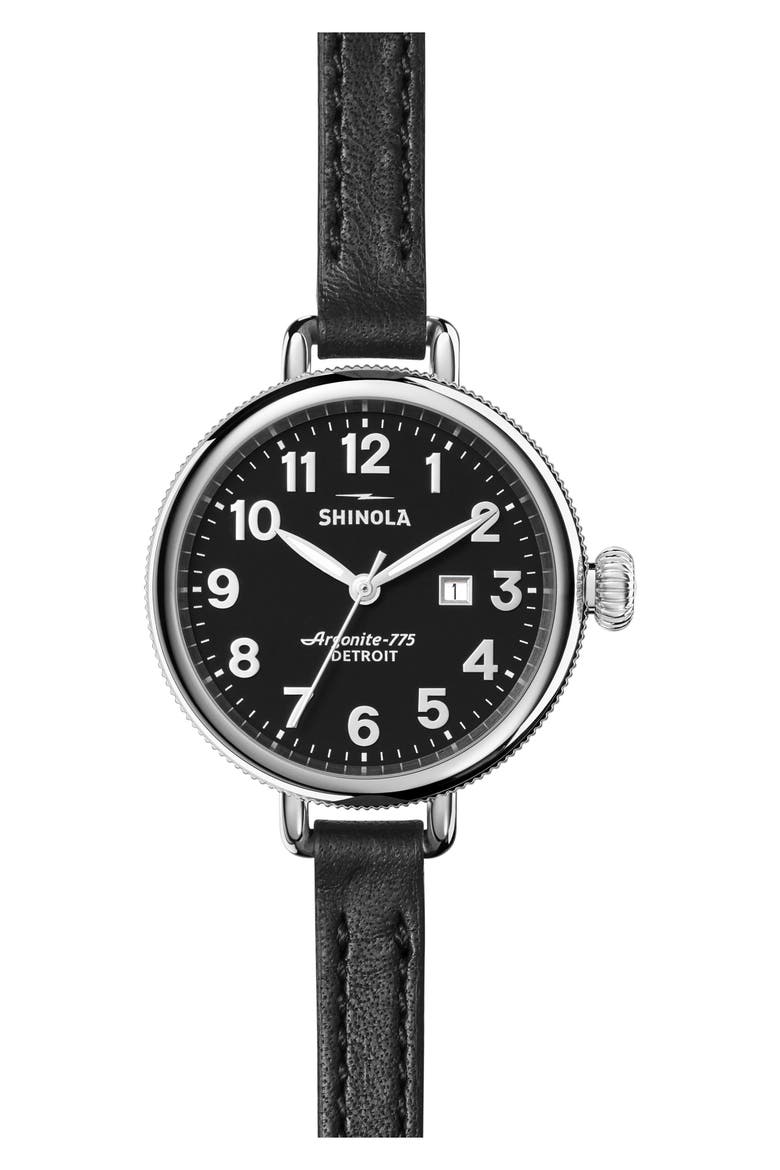 The Birdy Leather Strap Watch, 34mm, Main, color, BLACK